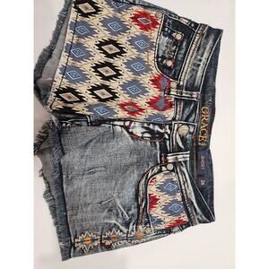 GRACE IN LA Shorts Womens 26 Blue Denim Aztec Embroidery Frayed